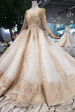 2024 New Prom Dresses Long Sleeves Ball Gown Scoop With Applique&Beads Lace PGAKM5ZZ