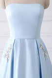 Charming Strapless Light Blue Lace Up Open Back Long Prom Dresses PJ43QE45