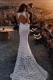 Charming Sheath Lace Bridal Gown with Slit Open Back Ivory Boho Wedding Dresses STI15124