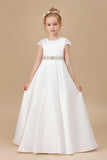 A-line Floor Length Bowknot Ivory Satin Flower Girl Dresses With Rhinestones Waist