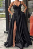 Black Spaghetti Straps Split Long Satin Prom Dress A Line Simple Long Formal STIP5G4JRHJ