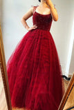 A-Line Burgundy Tulle Beaded Spaghetti Straps Scoop Long Prom STI20390