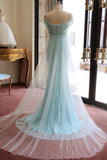 Blue A Line Court Train Off Shoulder Low Back Beading Long Prom Dresses