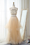 Pink Two Piece Floor Length Halter Sleeveless Backless Beading Prom Dresses