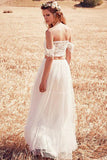 Unique A-Line Two Pieces Off-the-Shoulder Ivory Tulle Princess Lace Wedding Dresses