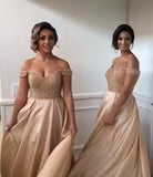 Off-the-Shoulder Sweetheart Long Pink A-Line Beads Open Back Bridesmaid Dresses