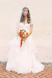 A-Line Short Sleeve Long Ivory Tulle Sweetheart Beaded Cute Backless Wedding Dresses