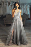 A Line V Neck Sweep Train Appliques Tulle Prom Dress PSEESMGD