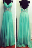 Blue Chiffon Cheap V-Neck Open Back Spaghetti Straps A-Line Long Prom Dresses