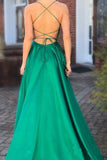 Elegant A Line Green Lace up Prom Dresses with Pockets Slit Formal Evening STI20406