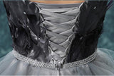 Elegant High Low Strapless Sweetheart Feathers Tulle Gray Prom Dresses with Lace STI20415