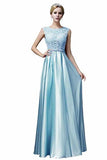 Elegant A-Line Applique Round Neck Lace Satin Ball Gown Evening PF19Q8AM