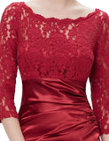 Elegant 3/4 Sleeve Lace Burgundy Formal Dresses Bateau Mermaid Evening Dresses STI15142