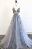 Spaghetti Straps V Neck Tulle Prom Dress With Appliques A Line Long Formal Dress PC2S5SDZ