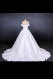 Puffy Off The Shoulder Satin Wedding Dress Ball Gown Long Bridal Dress With PTYFTEHC