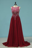 2024 Chiffon A Line Prom Dress Scoop Beaded Bodice PGCMALL4