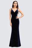 V-Neck Spaghetti Straps Velvet Dark Navy Blue Mermaid Evening Dress, Prom Dresses STI15480