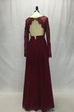 Long Sleeves V-Neck Lace Chiffon A-Line Maroon Prom Dresses P8D37PP2