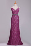 2024 Mermaid Spaghetti Straps Prom Dresses Lace Beaded PKC2JTHG