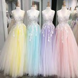 Charming Ball Gown V Neck Tulle Lace Appliques Prom Dresses, Evening STI20397