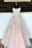 Princess Spaghetti Straps A Line Appliques Tulle Lace up Pink Prom Dresses STI15305