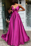 Simple A Line Spaghetti Straps V Neck Satin Backless Prom Dresses, Party STI20443