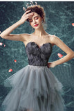 Elegant High Low Strapless Sweetheart Feathers Tulle Gray Prom Dresses with Lace STI20415