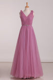 2024 V Neck Ruched Bodice Beaded Waistline Bridesmaid Dresses Tulle PYMMR89S