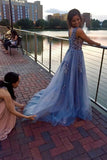 Unique Blue Tulle Appliques Beading Prom Dresses, Charming Formal Dresses STI15456