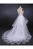 Unique V Neck Sleeveless Tulle Wedding Dresses Asymmetrical Long PHPYHEPM