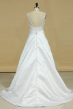 2024 Wedding Dresses A Line Scoop Satin With Beads PQ1FX1AR