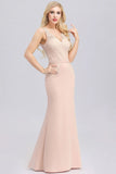 Elegant V-Neck Floral Lace Pink Evening Dress Satin Prom Dresses STI15216