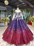 Ball Gown Ombre Sparkly Long Sleeve Sequins Prom Dresses, Quinceanera Dresses STI15066