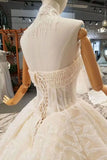 2024 Luxury Wedding Dresses Halter A-Line Lace Half Sleeves Open Back Cathedral Train Top PS5BQBT1