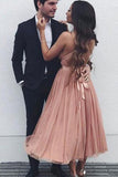 Simple A Line V Neck Tulle Tea Length Short Prom Dresses, Evening STI20444