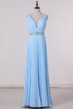 2024 V Neck Prom Dresses A Line Backless Floor Length With Beading P4MF41S1