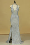 2024 Prom Dresses Halter Sequines With Beading Open Back PF9S54YL