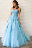 Unique A-Line Sky Blue Tulle Appliques Beads Scoop Prom Dresses with Lace STI15681