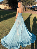 Sexy A line See Through Strapless Slit Backless Blue Prom Dresses with Appliques STI15593