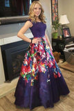 Elegant A Line Floral Satin Purple Prom Dresses with Lace, Long Dance Dresses STI15576