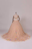 Ball Gown Long Sleeves Scoop Tulle Wedding Dress Princess Long Bridal Dress PS927S4R