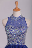 2024 High Neck Homecoming Dresses Beaded Bodice A-Line Dark Royal Blue Tulle PTQPG92B