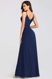 Sexy V Neck Long Spaghetti Straps Mermaid Navy Blue Prom Dresses with High Split STI15366