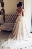 A Line Cap Sleeve Lace V Neck Chiffon Ivory Beads Wedding Dresses, Wedding Gowns STI14996