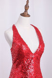 2024 Hot Mermaid Sequins Prom Dresses Halter With Slit PQ13CA14