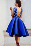 A-line V-neck Satin Backless Lace Royal Blue Homecoming Dresses