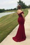 Mermaid Sweep Train Burgundy Off the Shoulder Prom Dresses Split Side