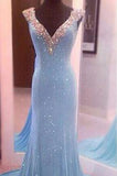 Largos Pretty V-Neck Sleeveless Sequins Mermaid Backless Floor-Length Long Prom Dresses