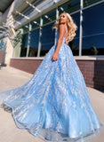 Flowy Ball Gown Light Blue Spaghetti Straps Prom Dresses, Lace Appliques Backless Prom Gowns STI15230