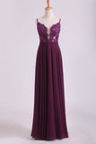 2024 Prom Dresses A Line Spaghetti Straps Chiffon With Applique Floor PSFBKNK3